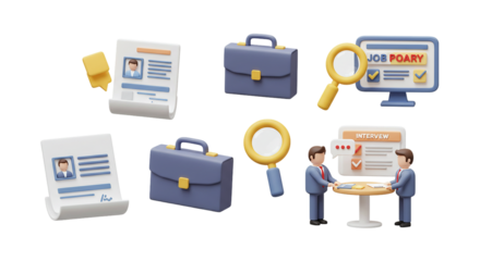 3D Job Search and Career Icons: Set of a Resume, Briefcase, Magnifying Glass, and Interview for Professional-Themed Websites and Apps