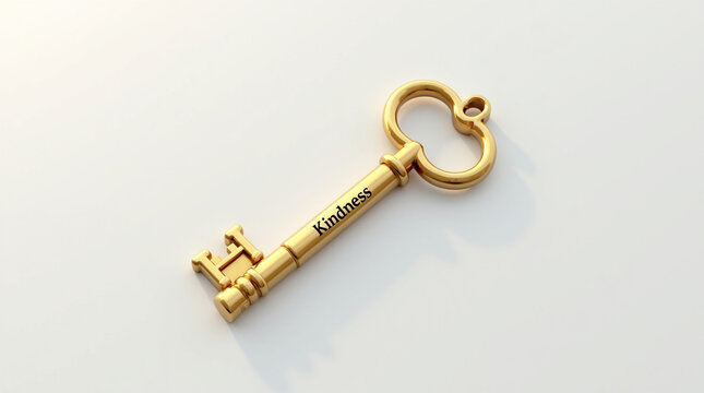 Antique golden key with the word kindness isolated on white background, representing the concept of unlocking kindness, a symbol of access, success, and opportunity, vintage art