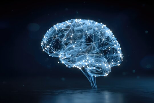 Glowing wireframe brain; neural network concept