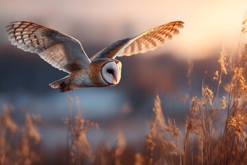 Obraz premium Barn owl in flight over wheat field at sunrise