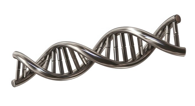 A shiny metallic dna double helix structure isolated against a plain white studio background render view