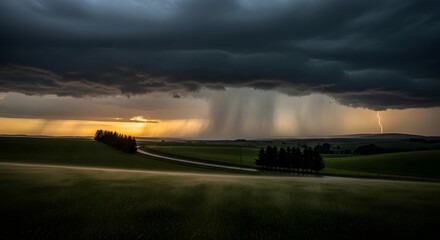 A scenic view of a thunderstorm over a green field with a lightning strike in the distance sky