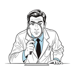 Under The Microscope: A diligent scientist, with focused intensity, meticulously examines a subject through a magnifying glass, highlighting the essence of scientific inquiry and careful examination.