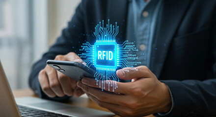 Mobile RFID Technology: Man Holding Phone with Digital Chip