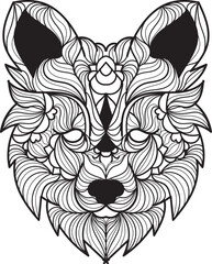 Detailed monochrome line art depicting a decorative fox or wolf head adorned with complex, flowing, and symmetrical patterns, perfect for coloring.