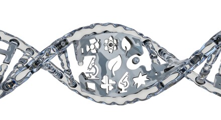 Obraz premium Transparent dna structure with science and biology icons inside on a plain white background