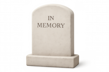 Memorial gravestone standing alone, etched with in memory words, symbolizing grief against stark transparent backdrop