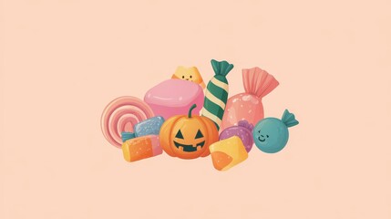 Candy sweets halloween treat flat design front view trick or treat theme animation colored pastel.