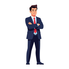 Confident Executive Standing: A sophisticated businessman in a sharp suit stands with arms crossed, a picture of confidence and authority in a professional setting.