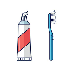 Simple illustration of a toothpaste tube and a blue toothbrush for dental hygiene and oral care