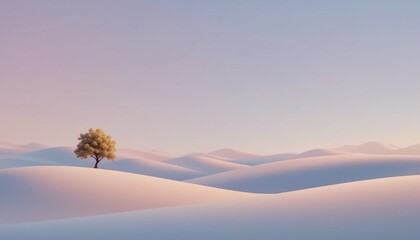 A tranquil desert landscape showcasing gentle undulating dunes and a lone tree