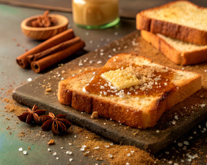 Macro shot of cinnamon sugar toast with melted butter and sugar crystals