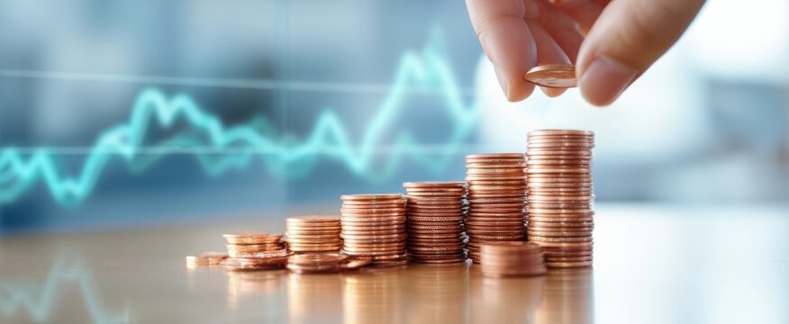 The hand placing a coin on a stack of coins with financial growth graph.