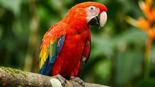 A vibrant red macaw perched on a mossy branch displays its blue yellow and red feathers with a backdrop of lush green foliage and a hint of an orange flower