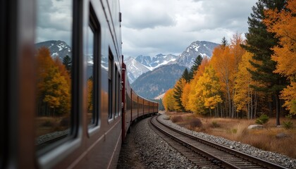 Scenic Train Journey Through Vibrant Autumn Forest and Majestic Mountain Range