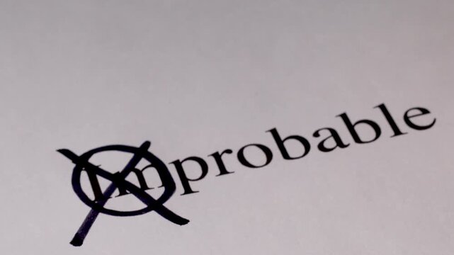 Close-up of a hand holding a pen editing text on paper, removing the prefix &ldquo;im&rdquo; from the word &ldquo;improbable&rdquo; to reveal &ldquo;probable,&rdquo; symbolizing possibility, optimism, and transformation