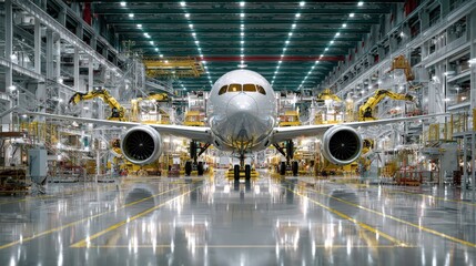 Airplane stands in massive hangar with robotic arms, lights, and a shiny floor