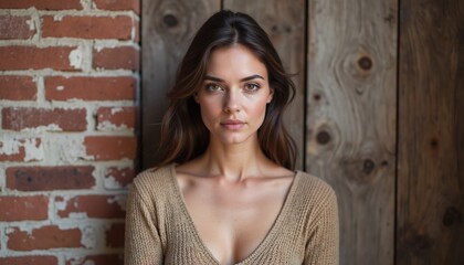Fototapeta premium Natural Portrait of a Woman with Warm Skin Tone in Front of Rustic Wooden Wall