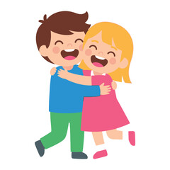 Embracing Together: Animated children share a heartwarming hug, filled with pure joy and depicting the essence of childhood friendship, love and togetherness.