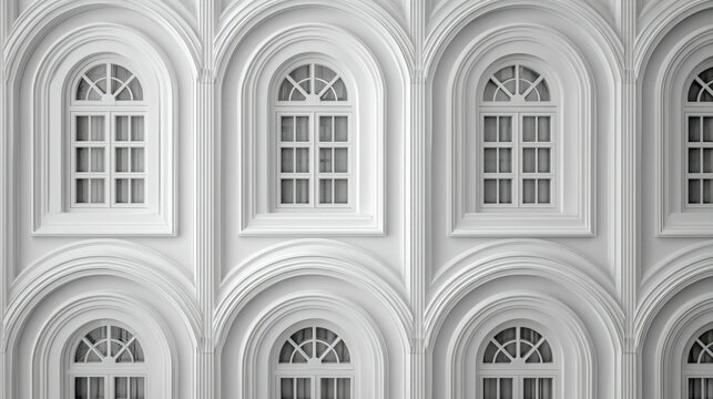 Repeating pattern of white arched windows with decorative molding design