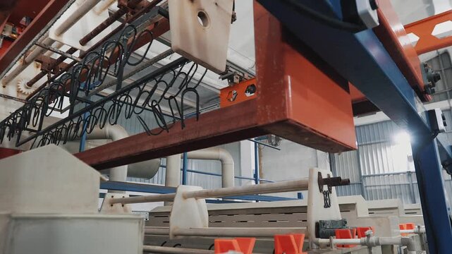  Electroplating. A production line for coating with a protective layer of metal. Corrosion and rust protection