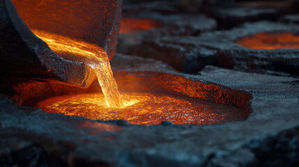 Close up , Top view of the hot molten steel is poured into a mold