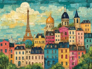 Textured Parisian Dreams: A vibrant impasto painting capturing the iconic Eiffel Tower, historical domes, and colorful charming buildings, evoking the lively spirit of Paris under a mosaic sky.