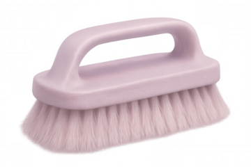 Pink cleaning brush with ergonomic design, studio-lit, transparent backdrop highlighting sleek handle and practical bristles
