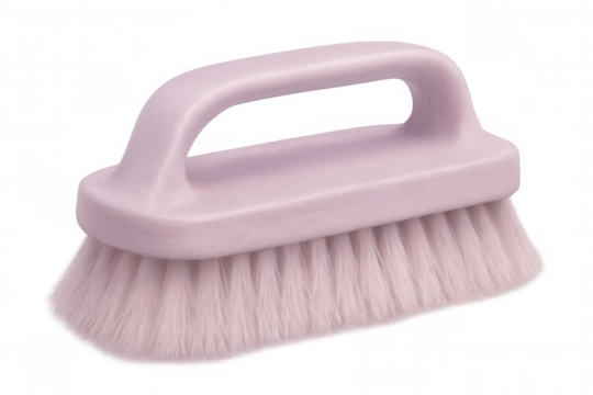 Pink cleaning brush with ergonomic design, studio-lit, transparent backdrop highlighting sleek handle and practical bristles
