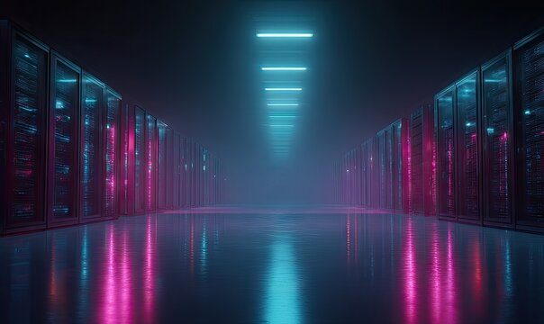 Neon-lit server room with rows of data storage units reflecting on a polished floor