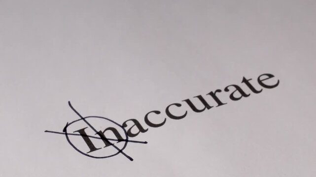 Close-up of a hand holding a pen correcting text on paper, changing the word &ldquo;inaccurate&rdquo; to &ldquo;accurate,&rdquo; symbolizing truth, precision, and positive correction