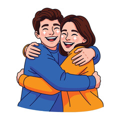 Cheerful embrace: A vibrant illustration showcasing the warmth of togetherness, where a joyful couple shares a heartwarming hug with expressions of bliss.