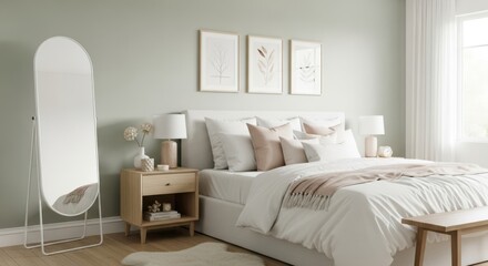 Serene bedroom oasis with soft green walls and cozy bedding