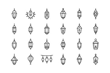Hanging Lantern Icon Set. Lanterns, Hanging Light, Decor, Lightbulb, Vintage, Ramadan, Decoration, Eid, Candle Light, Traditional, Lighting, Home Decor, and More. Editable Stroke. Vector Illustration.