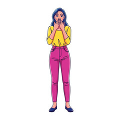 Shocked Expressions: A stylish woman stands in stunned silence, her hands covering her mouth as surprise. Illustrated with striking graphics.