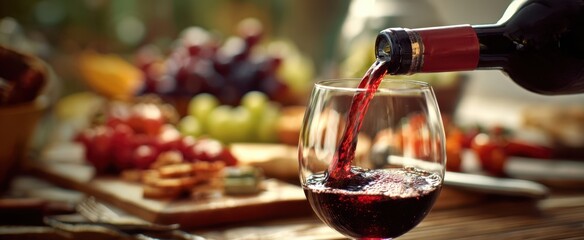 The exquisite pouring of red wine into an elegant glass amidst a gourmet feast