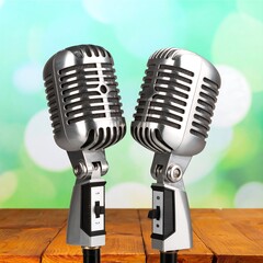 Fototapeta premium Vintage microphones on a wooden table