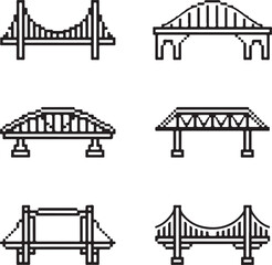 Obraz premium Bridge Pixel Icons Suspension Bridge, Arch Bridge, Beam Bridge, Truss Bridge, Cantilever Bridge, Drawbridge, Footbridge