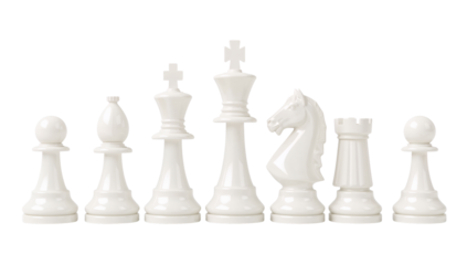 Serene arrangement of pristine white chess pieces against an isolated stark transparency