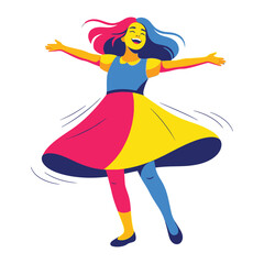 Joyful twirling in the colorful fashion: A cheerful girl twirling with open arms, radiating energy and happiness in her whimsical attire, perfect for conveying fun and vibrancy.