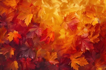 Autumn maple leaves close-up background, golden yellow and burnt orange tones with deep red foliage, crisp details, natural soft lighting, and macro photography depth of field