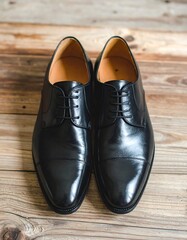 Polished black leather dress shoes on wooden floor
