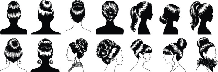 Women hairstyle illustrations, elegant updo vector, ponytail hair design, bridal hair clipart, fashion hairstyle art, formal hair graphic, beauty salon icon set