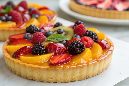 A beautifully decorated fruit tart with a mix of fresh berries and glazed fruit.
