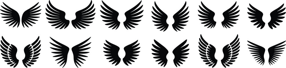 Fototapeta premium Set of twelve black stylized wings, symmetrical feather patterns, artistic illustration, fantasy design, tattoo art, angel wings, decorative vector, mythical bird, silhouette, emblem