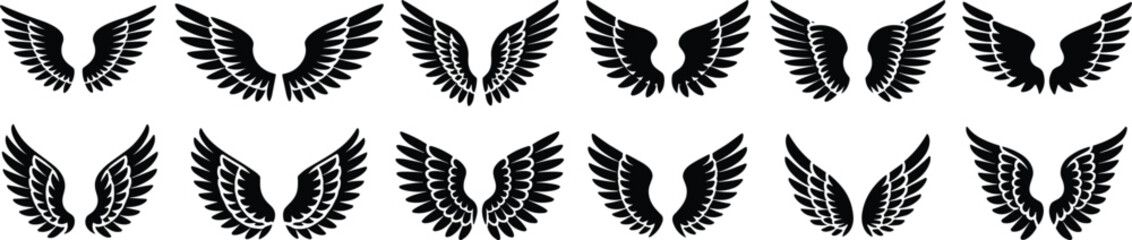 Set of twelve black stylized wings, symmetrical feather designs, artistic illustration, fantasy elements, tattoo art, angel wings, decorative vector, mythical bird, silhouette