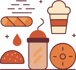 Illustration of a variety of food items. A bread, a drink, and pastries are beautifully illustrated in this image