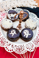 Fototapeta premium Fall Halloween Party Food, vertical. 