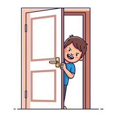 Curious Glimpse: A charming cartoon depicts a cheerful boy peeking from behind an open door, conveying a sense of wonder and exploration.  © Azizun