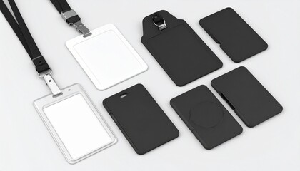 Several identification badges, some with lanyards, are displayed on a bright, clean surface.